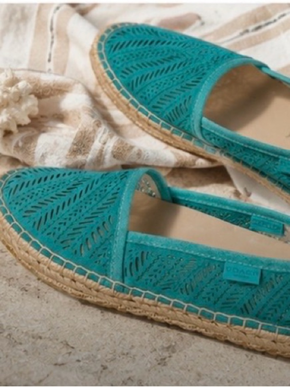 Coach Justeen Turquoise Blue Perforated Suede Whipstitched Espadrille Flats Sz 5 - Picture 15 of 15